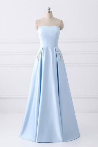 Charming Strapless Light Blue Lace Up Open Back Long Prom Dresses With Pockets