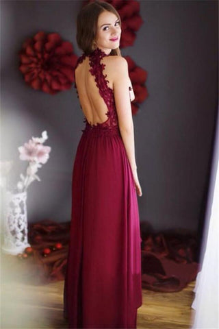 High Neck Open Back With Applique Chiffon A Line Prom Dresses