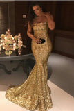 Sexy Mermaid Sequins Strapless Long Evening Dresses, Simple Prom SJS20437