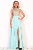 Prom Dresses Scoop Chiffon With Beads And Slit A Line Open Back