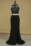 High Neck Two-Piece Spandex Sheath With Beads And Applique Open Back Prom Dresses