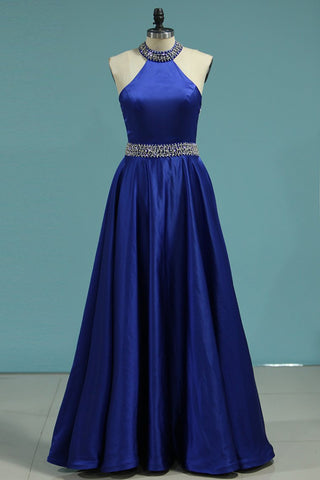 New Arrival High Neck Open Back A Line Satin With Beading Prom Dresses