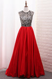 A-Line Scoop Satin Prom Dresses Tulle Bodice Black Sequins Floor-Length With Pocket