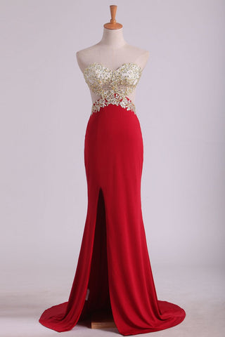 Prom Dresses Sheath Sweetheart Spandex With Slit And Applique Sweep Train