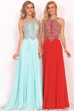 A Line Chiffon Spaghetti Straps Prom Dresses With Beading Floor Length