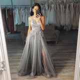 Chic Grey A Line V Neck Long Appliques Tulle Prom Dresses with Side Slit, Formal Dresses SJS15131