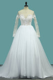 Wedding Dresses Bateau Long Sleeves A Line With Applique Tulle Open Back