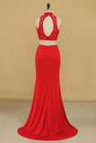 Two-Piece High Neck Spandex Prom Dresses Sheath With Beads And Applique Open Back