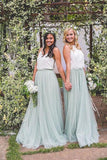 2 Pieces Ivroy And Mint Long A-Line Flowy Simple Cheap Elegant Bridesmaid Dresses