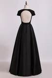 Open Back V-Neck Short Sleeve A-Line Satin Evening Dress Black Bodice Floor-Length