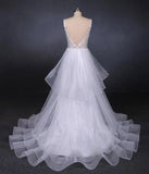 Elegant V-neck Tulle Open Back Wedding Dresses, Asymmetrical Long Bridal Dresses SJS15217