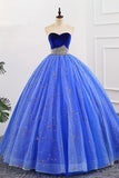 Ball Gown Sweetheart Strapless Blue Prom Dresses with Beading, Tulle Quinceanera Dresses SJS15073