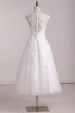 New Arrival Square A Line Wedding Dresses With Applique Tulle Tea Length