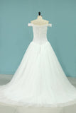 A Line Wedding Dresses Boat Neck Beaded Bodice Chapel Train