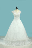 A Line V Neck Wedding Dresses Tulle With Applique And Beads Lace Up