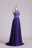 Hot Prom Dresses A Line Scoop Beaded Bodice Chiffon Sweep Train