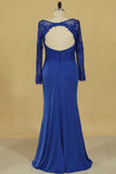 Long Sleeves Prom Dresses Bateau With Applique Sweep Train Open Back