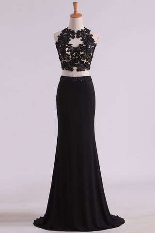 Black Two-Piece Scoop Open Back Prom Dresses Sheath Spandex