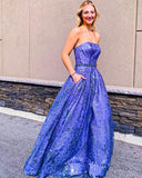 Royal Blue Lace Strapless A-Line Long Prom Dress