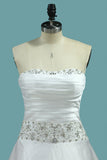 Satin Wedding Dress Strapless A Line With Beads And Ruffles Chapel Train