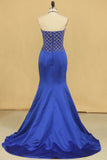 Dark Royal Blue Halter Mermaid Prom Dresses Beaded Bodice Satin Sweep Train