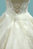 Luxury Wedding Dresses A-Line Cap Sleeves Open Back Tulle Long Train