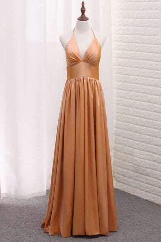 Halter Taffeta A Line Evening Dresses Floor Length Zipper Up