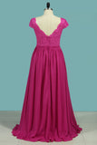 Short Sleeve V-Neck A-Line Chiffon & Lace Bridesmaid Dresses