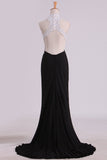 Bicolor Prom Dresses High Neck Sheath With Applique & Beads Sweep/Brush Train