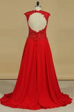 Prom Dresses A Line Scoop Chiffon Sweep Train With Slit And Applique Open Back