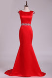 Prom Dresses Scoop Beaded Waistband Satin Sweep Train Mermaid