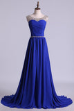 Scoop Prom Dresses A Line Pleated Bodice Chiffon With Beads Dark Royal Blue