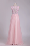 Prom Dresses A Line Scoop Beaded Bodice Floor Length Tulle