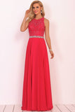 Open Back Scoop A Line Prom Dresses With Beading Chiffon