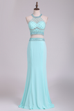 Halter Two-Piece Beaded Bodice Sheath Open Back Prom Dresses Spandex & Tulle Floor Length