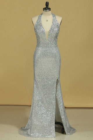 Prom Dresses Halter Sequines With Beading Open Back Sheath