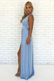 A-Line V Neck Criss Cross Light Blue Chiffon Long Prom Dresses with Split, Formal Dresses SJS15053