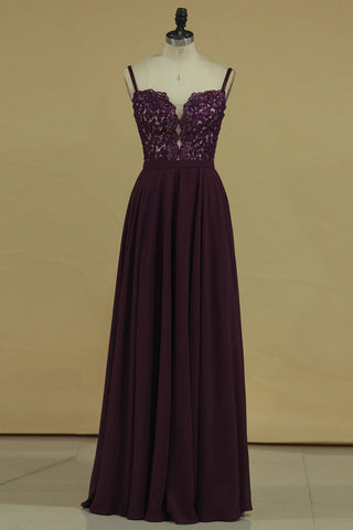 Spaghetti Straps With Applique A Line Chiffon Floor Length Prom Dresses