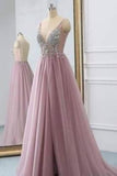 Fantastic Beaded Bodice Prom Dresses A Line Tulle Deep V-Neck