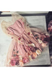 A-Line V Neck Hand-Made Flower Homecoming Dress Unique Short Long Sleeve Prom Dress