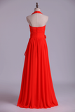 Halter A-Line Bridesmaid Dresses Floor Length With Long Chiffon Skirt