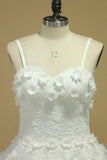 A Line Spaghetti Straps Court Train Wedding Dresses Tulle With Applique And Handmade Flowers