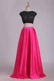 Two Pieces Prom Dresses Scoop Open Back Satin & Lace A Line