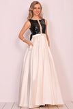 A Line Scoop Satin Prom Dresses With Sequins&Bow Floor Length