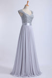 Off The Shoulder A-Line Floor-Length Prom Dresses Beaded Bodice Tulle And Chiffon