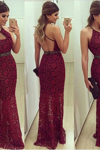 Hot Sheath Halter Open Back Lace Prom Dresses Zipper Up