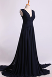 V-Neck Prom Dress A-Line With Ruffles Court Train Chiffon