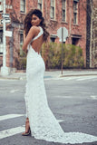 Sexy Open Back Wedding Dresses Mermaid High Neck Lace With Slit