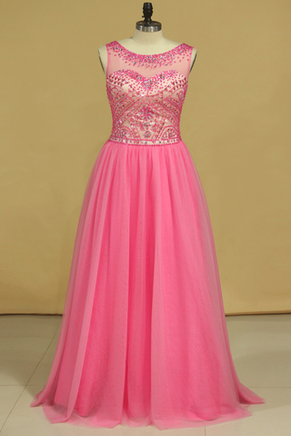 Open Back Prom Dresses Scoop A Line Beaded Bodice Floor Length Tulle