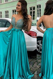 A Line Scoop Prom Dresses Satin & Tulle With Applique And Sash